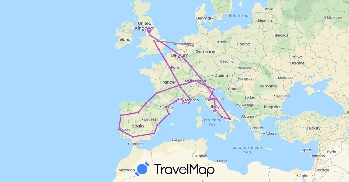 TravelMap itinerary: driving, plane, train, boat in Andorra, Belgium, Switzerland, Germany, Spain, France, United Kingdom, Italy, Luxembourg, Portugal, San Marino, Vatican City (Europe)
